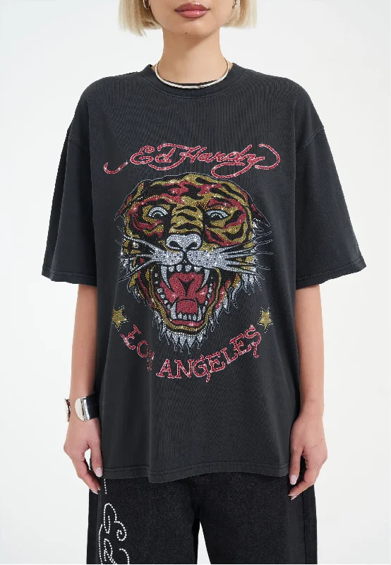 Womens La Tiger Vintage Diamante Tshirt - Black