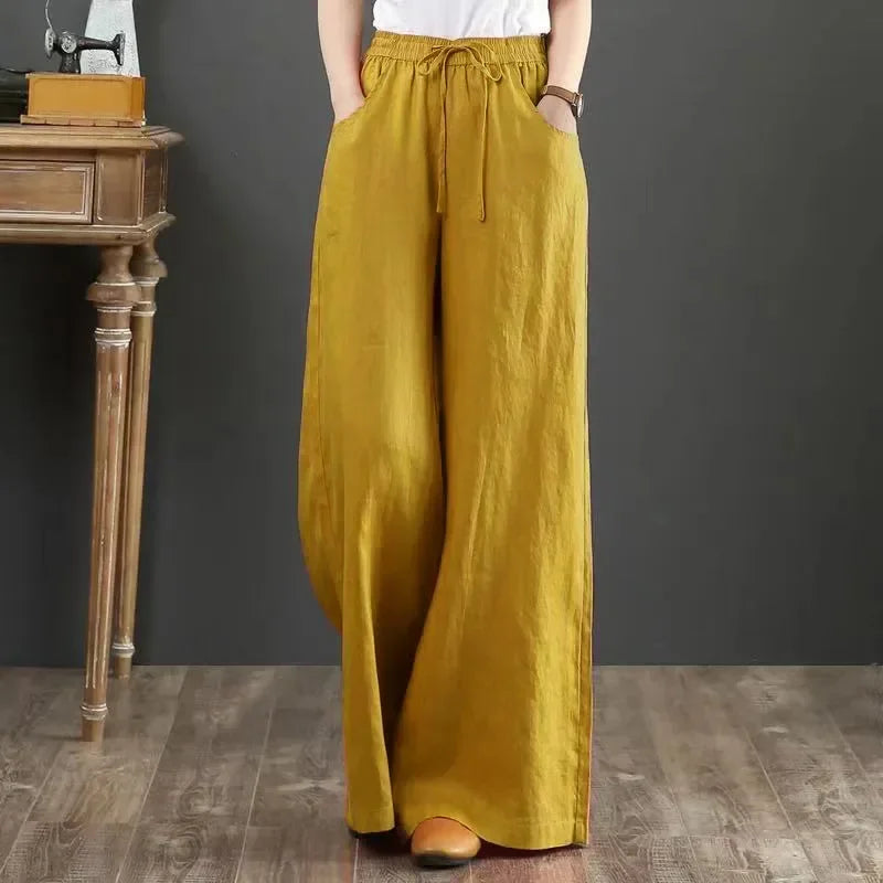 Women's Cotton Linen Wide Leg High Waist Fashion Designer Pants